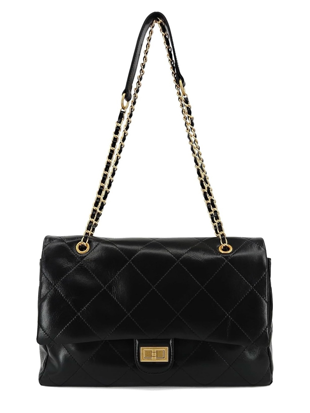 XL Genuine Oiled Lambskin Leather Quilted Flap Bag Gold Turn Lock Black 14”